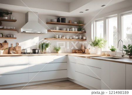 Modern Contemporary kitchen room interior .white and wood material. real new interior design 121498189