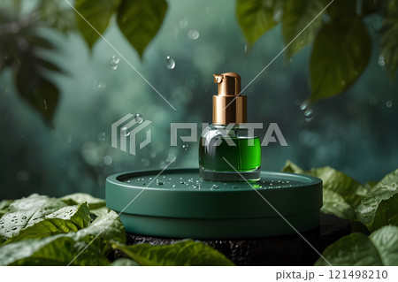 Light green background against a blank cosmetic tube leaning on a glass box with green tea leaves inside, green tea branches decoration around. Photo was shot from front view, space for text 121498210