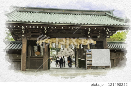 水彩画風　三嶋大社　総門　静岡県三島市 121498232