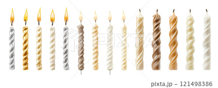Set of isolated lit cake candles in vivid and pastel gold and silver color tones on a transparent background. Set of isolated lit cake candles in vivid and pastel gold and silver color tones on a transparent background. 121498386