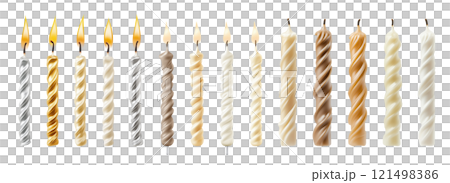 Set of isolated lit cake candles in vivid and pastel gold and silver color tones on a transparent background. Set of isolated lit cake candles in vivid and pastel gold and silver color tones on a transparent background. 121498386