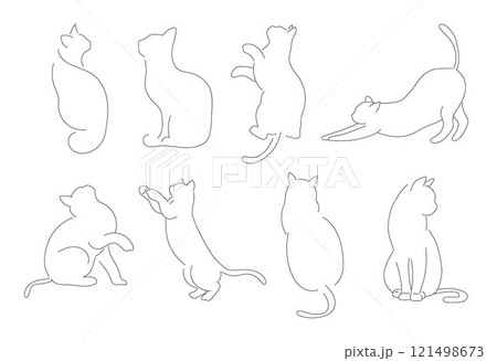 Cat line, Cat sitting with curled tail, different cat silhouette one line hand drawn  121498673