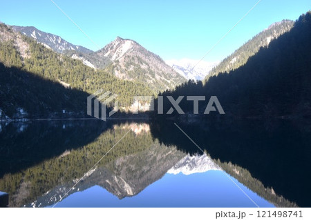 landscape of mirror lake at Jiuzhaigou natural national park travel location in China  121498741