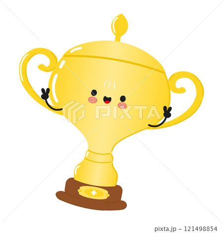 Golden trophy cup jumping character. Vector hand drawn cartoon kawaii character illustration icon. Isolated on white background. Golden trophy cup character concept 121498854