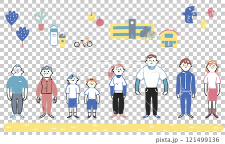 運動着で勢ぞろいする老若男女とアイコン　セットのストックイラスト素材 121499136