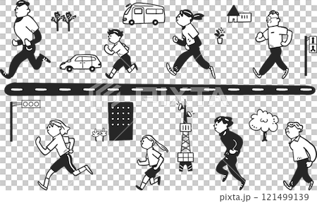 Running people of all ages and genders and icon set monochrome stock illustration material 121499139
