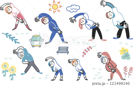 横に曲げる運動をする老若男女とアイコン セットのストックイラスト素材 横に曲げる運動をする老若男女とアイコン セットのストックイラスト素材 121499140