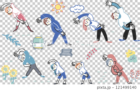 横に曲げる運動をする老若男女とアイコン セットのストックイラスト素材 横に曲げる運動をする老若男女とアイコン セットのストックイラスト素材 121499140