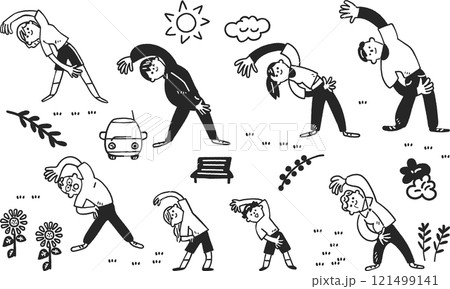 横に曲げる運動をする老若男女とアイコン　セットのモノクロストックイラスト素材 121499141