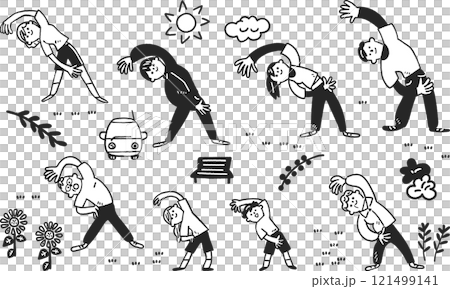横に曲げる運動をする老若男女とアイコン　セットのモノクロストックイラスト素材 121499141