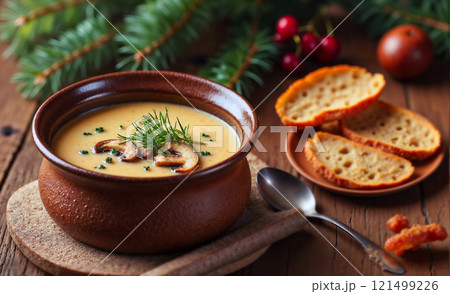 A bowl of soup with mushrooms and a spoon next to it A bowl of soup with mushrooms and a spoon next to it 121499226
