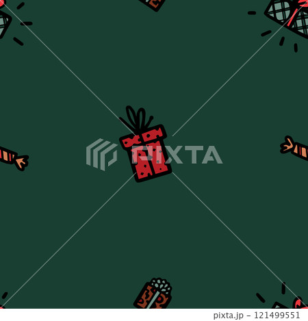 Seamless vector Christmas and New Year pattern with beautifully wrapped gifts and festive crackers on a dark green background Seamless vector Christmas and New Year pattern with beautifully wrapped gifts and festive crackers on a dark green background 121499551