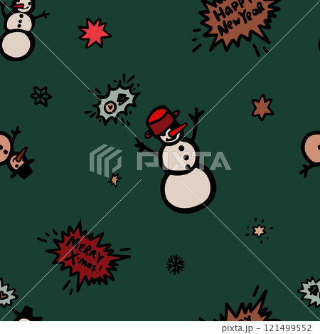 Seamless Christmas and New Year vector pattern with playful snowmen, festive speech bubbles, and seasonal decor on a green background Seamless Christmas and New Year vector pattern with playful snowmen, festive speech bubbles, and seasonal decor on a green background 121499552
