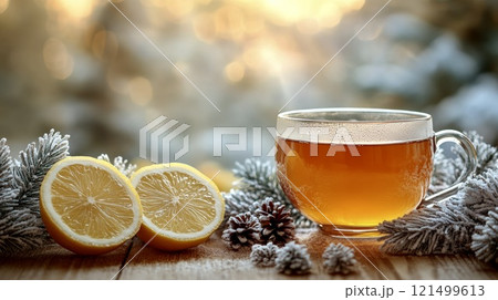 A cup of tea, lemon slices, spruce branches and cones on a wooden windowsill against the background of a winter forest in the rays of the sun 121499613