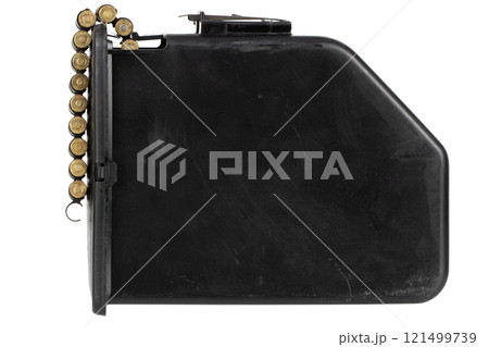 5.56 mm ammunition belt with cartridges in ammunition box 5.56 mm ammunition belt with cartridges in ammunition box 121499739