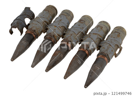 Ammunition belt with 30 mm armor piecing rounds for automatic canon for infantry fighting vehicle BMP-2 used by the former Soviet Union. Isolated on white. 121499746