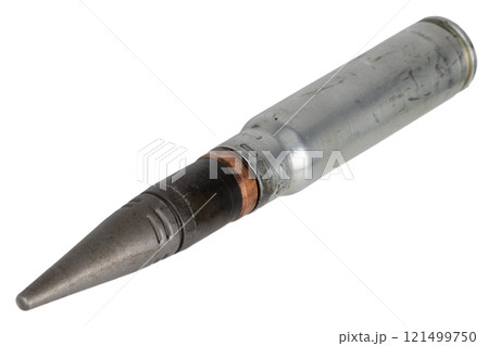 30 mm armor piecing round for automatic canon from infantry fighting vehicle BMP-2 used by the former Soviet Union. Isolated on white. 121499750