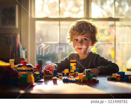 Child boy playing lego. Creating a world wonder with imagine. Generative Ai. 121499781