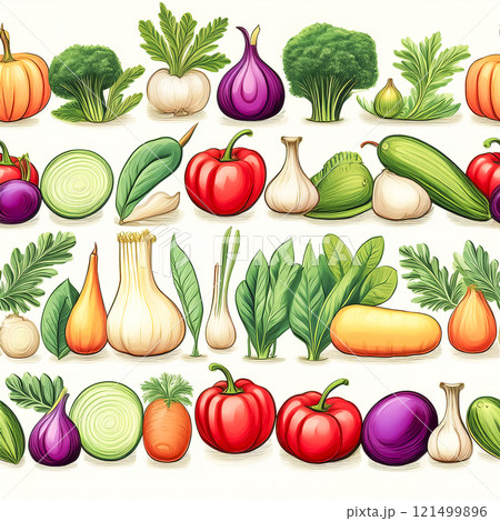 繰り返しシームレスでいろいろな種類の野菜のイラスト素材 121499896