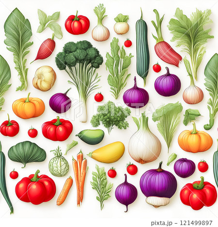 繰り返しシームレスでいろいろな種類の野菜のイラスト素材 121499897