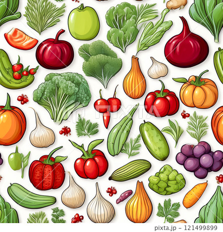 繰り返しシームレスでいろいろな種類の野菜のイラスト素材 121499899
