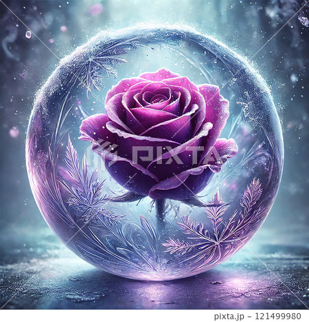 A high-quality, detailed image of a vibrant purple rose beautifully encased in a spherical ball of clear ice. Generative AI. 121499980