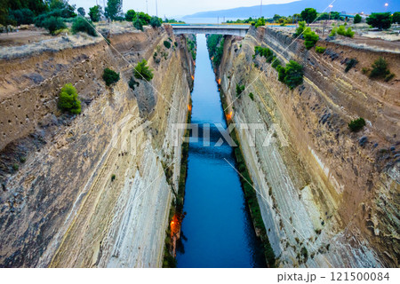 View of Corinth Canal with bridge, Greece View of Corinth Canal with bridge, Greece 121500084