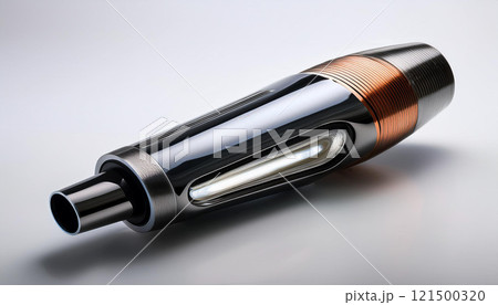 A silver and gold colored object with a black handle 121500320