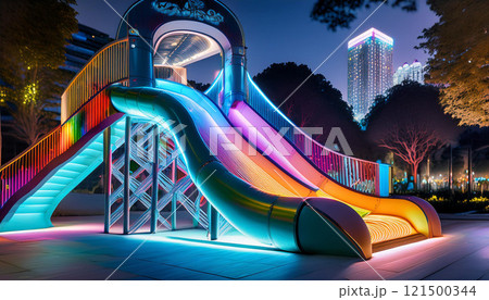 A colorful slide with neon lights is lit up in a park 121500344