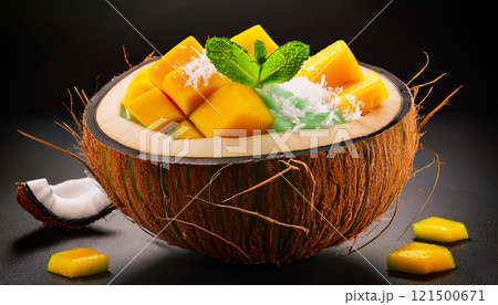 A bowl of fruit with a coconut shell and a green leaf on top 121500671