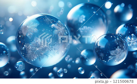 A series of blue, frosted glass spheres with snowflakes on them 121500678