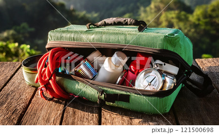 A green bag with a red rope and other items inside 121500698