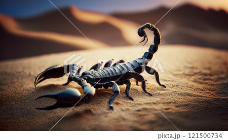 A large black scorpion is on the sand 121500734