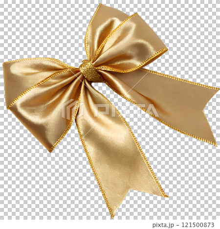 Golden atlas ribbon bow isolated on the transparent background. Festive decoration element 121500873