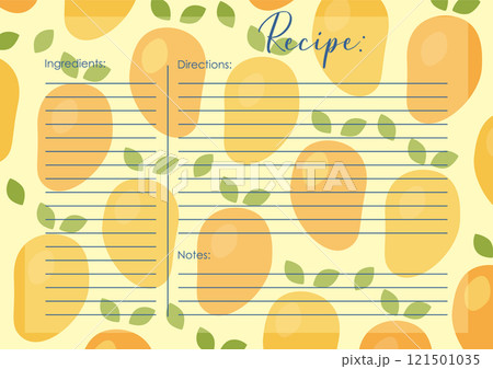 Recipe card template - fruits dishes. Juicy mango cooking list. Cartoon recipe card Recipe card template - fruits dishes. Juicy mango cooking list. Cartoon recipe card 121501035