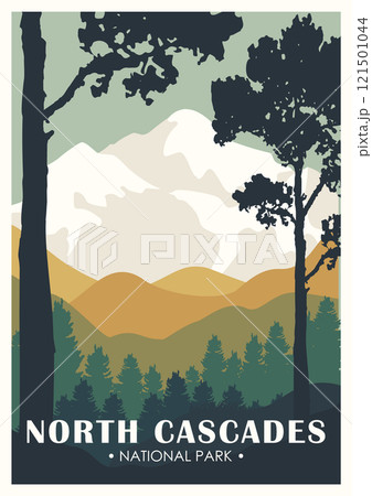 Parkland forest panoramic poster. North Cascades National Park vector illustration. Yellowstone 121501044