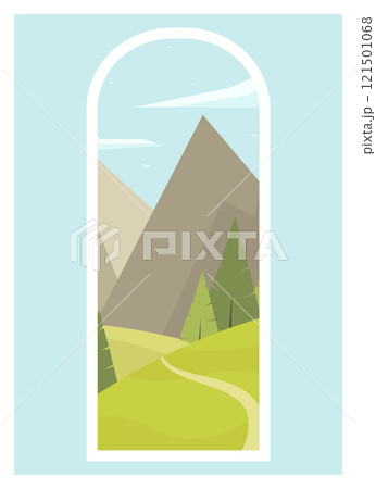 Rural landscape view with spring meadow. Mountains with clouds 2d flat art. Alpine fields Rural landscape view with spring meadow. Mountains with clouds 2d flat art. Alpine fields 121501068