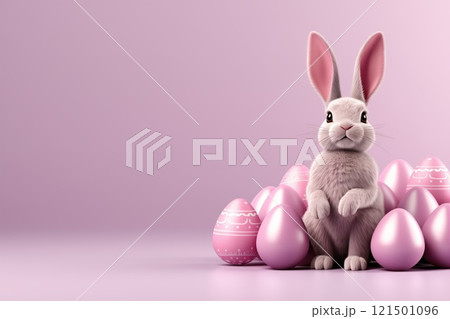 Cute Easter bunny with painted eggs and copy space background. Concept and idea of happy Easter day. Cute Easter bunny with painted eggs and copy space background. Concept and idea of happy Easter day. 121501096