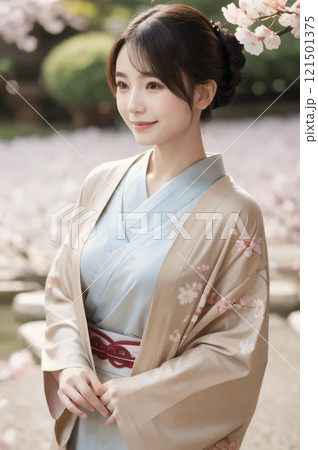 桜の咲く公園で和服姿の女性 桜の咲く公園で和服姿の女性 121501375