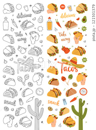 Tacos elements in vertical banner. Tacos with meat, vegetable and tortilla. Mexican cuisine restaurant food. Vector illustration 121501379