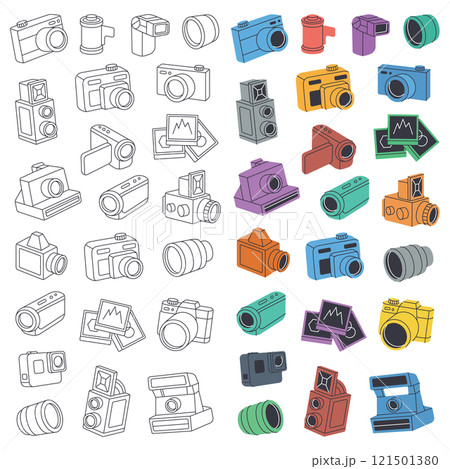 Camera set in vertical banner. Professional photo equipment. Video and action cam, instant camera, film strips, external flash. Camera set in vertical banner. Professional photo equipment. Video and action cam, instant camera, film strips, external flash. 121501380