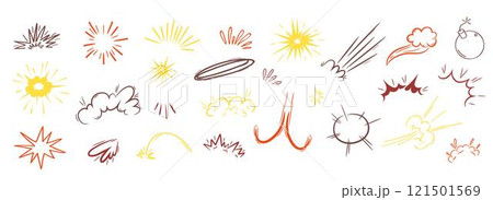 Featuring, comic-style motion effects, including explosive booms vector illustration, dynamic speed lines, and action bursts. Hand drawn doodle style elements ideal for enhancing cartoon 121501569