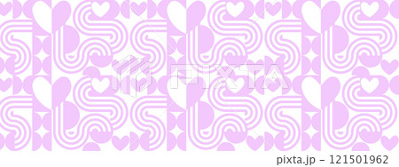 Valentine's day abstract geometric seamless pattern in Bauhaus style. Mosaic minimalist background, banner, template with simple shapes, hearts, flower, stars. 121501962