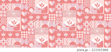 Valentine's day abstract geometric seamless pattern in Bauhaus style. Mosaic minimalist background, banner, template with simple shapes, hearts, flower, stars. Valentine's day abstract geometric seamless pattern in Bauhaus style. Mosaic minimalist background, banner, template with simple shapes, hearts, flower, stars. 121501966