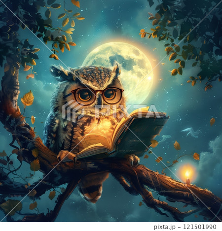 An owl wearing glasses reading a book under a glowing moon, surrounded by vibrant leaves in a mystical night setting. 121501990