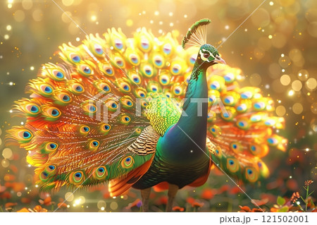 A vibrant peacock displaying its colorful feathers in a beautiful natural setting, capturing the essence of wildlife. 121502001