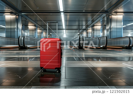 A vibrant red suitcase stands alone in a modern airport terminal, symbolizing adventure and journey. A vibrant red suitcase stands alone in a modern airport terminal, symbolizing adventure and journey. 121502015