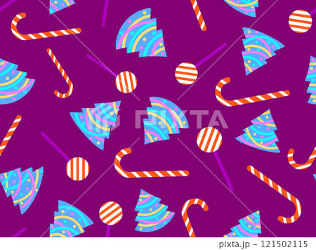 Seamless pattern with decorated Christmas trees and candy canes. Christmas tree decorated with garland, Christmas balls and festive sweets and lollipops. Symbol of the New Year. Vector illustration Seamless pattern with decorated Christmas trees and candy canes. Christmas tree decorated with garland, Christmas balls and festive sweets and lollipops. Symbol of the New Year. Vector illustration 121502115