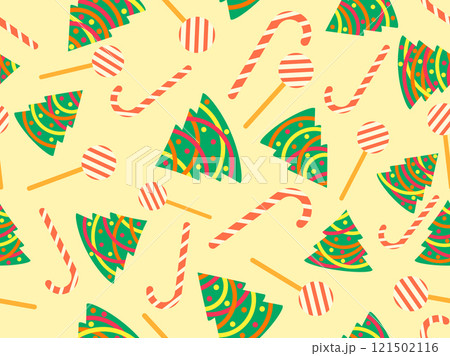 Seamless pattern with decorated Christmas trees and candy canes. Christmas tree decorated with garland, Christmas balls and festive sweets and lollipops. Symbol of the New Year. Vector illustration 121502116