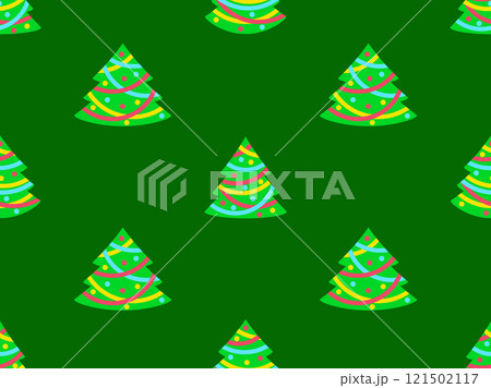 Decorated Christmas trees seamless pattern. Christmas tree with garland and balls in minimalist style. Symbol of the New Year. Design for wrappers, covers, banners and wallpapers. Vector illustration 121502117